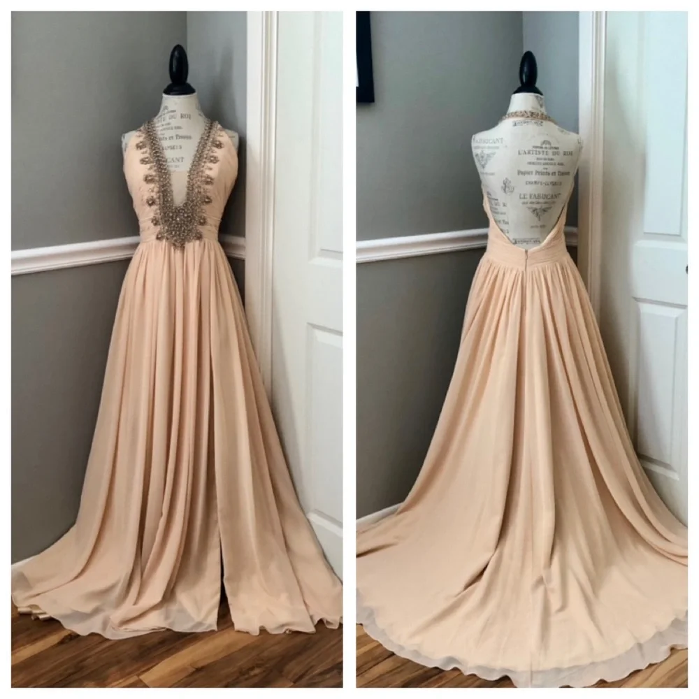 NEW COLORS SZ 12 NUDE JEWELED CHIFFON HALTER FORMAL EVENING GOWN